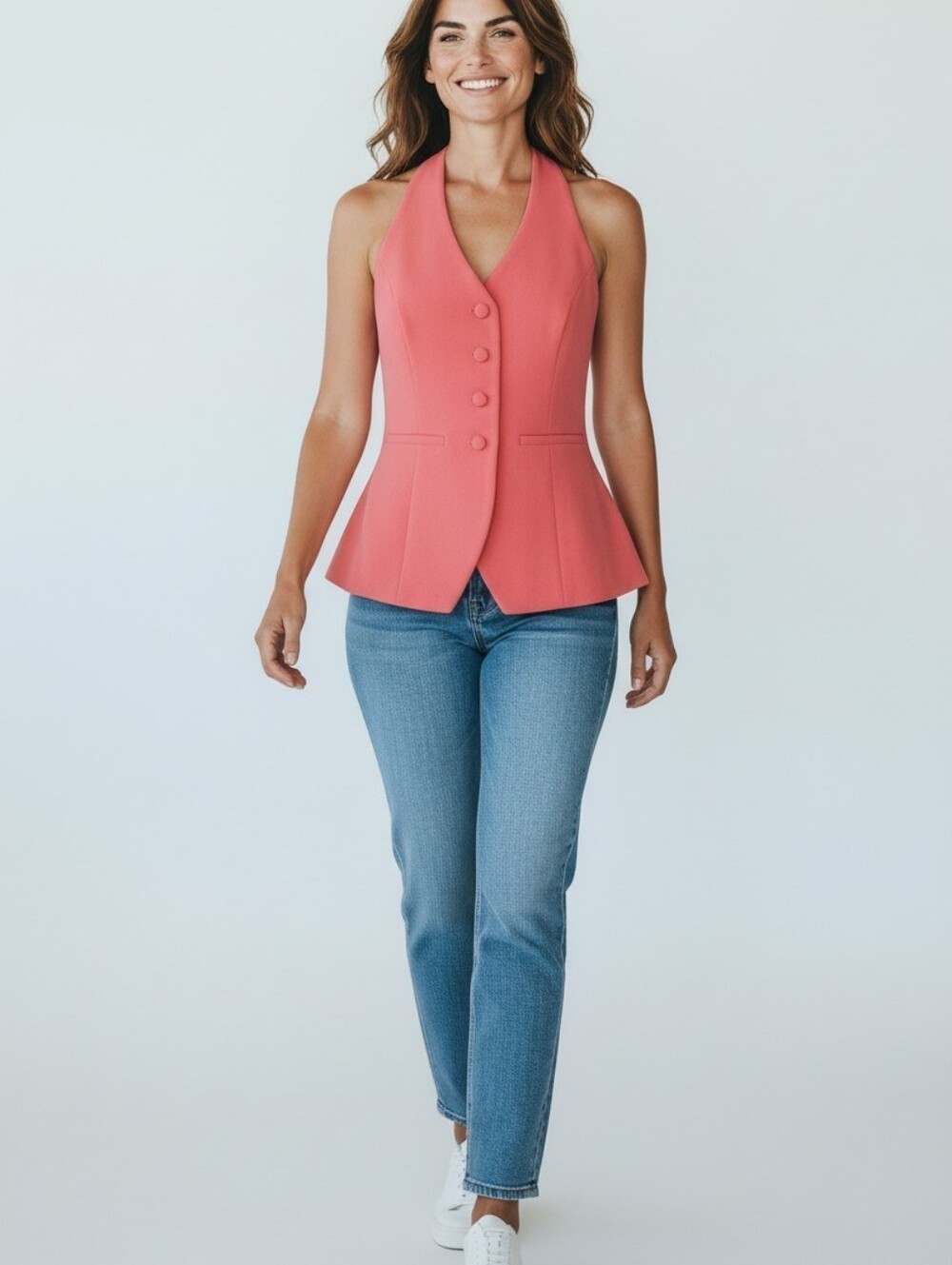 Lucy Paris Coral Pink Halter Vest Top Peplum  Open Back Blazer Tank Sz M NWOT